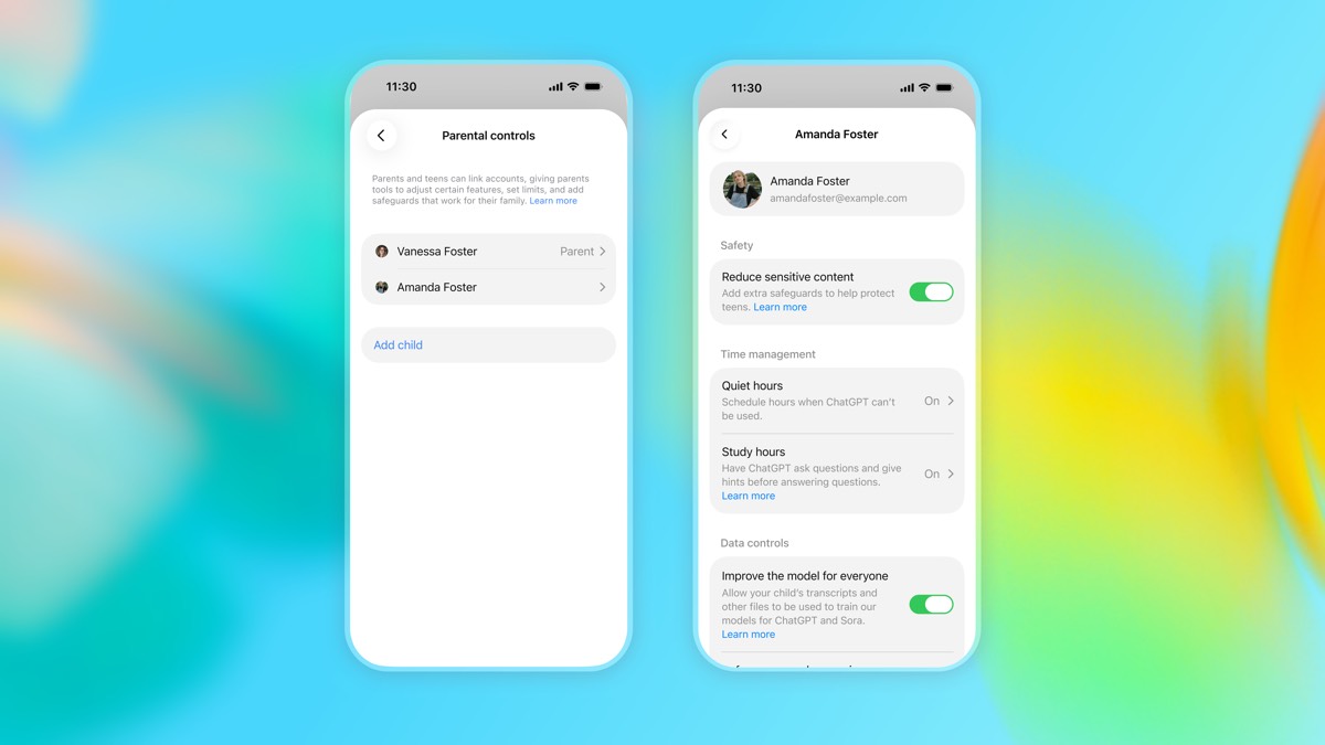 ChatGPT parental controls showing linked teen accounts, Quiet Hours, and Study Hours