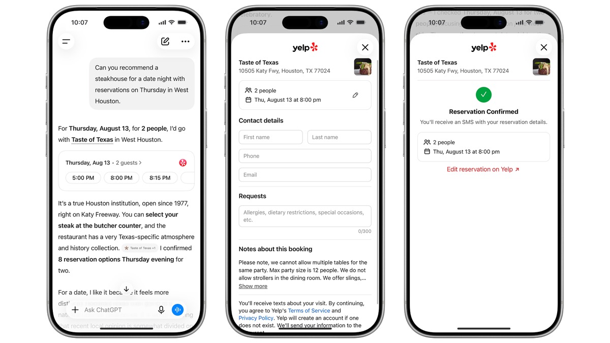 ChatGPT Yelp restaurant reservation flow from recommendation to booking confirmation