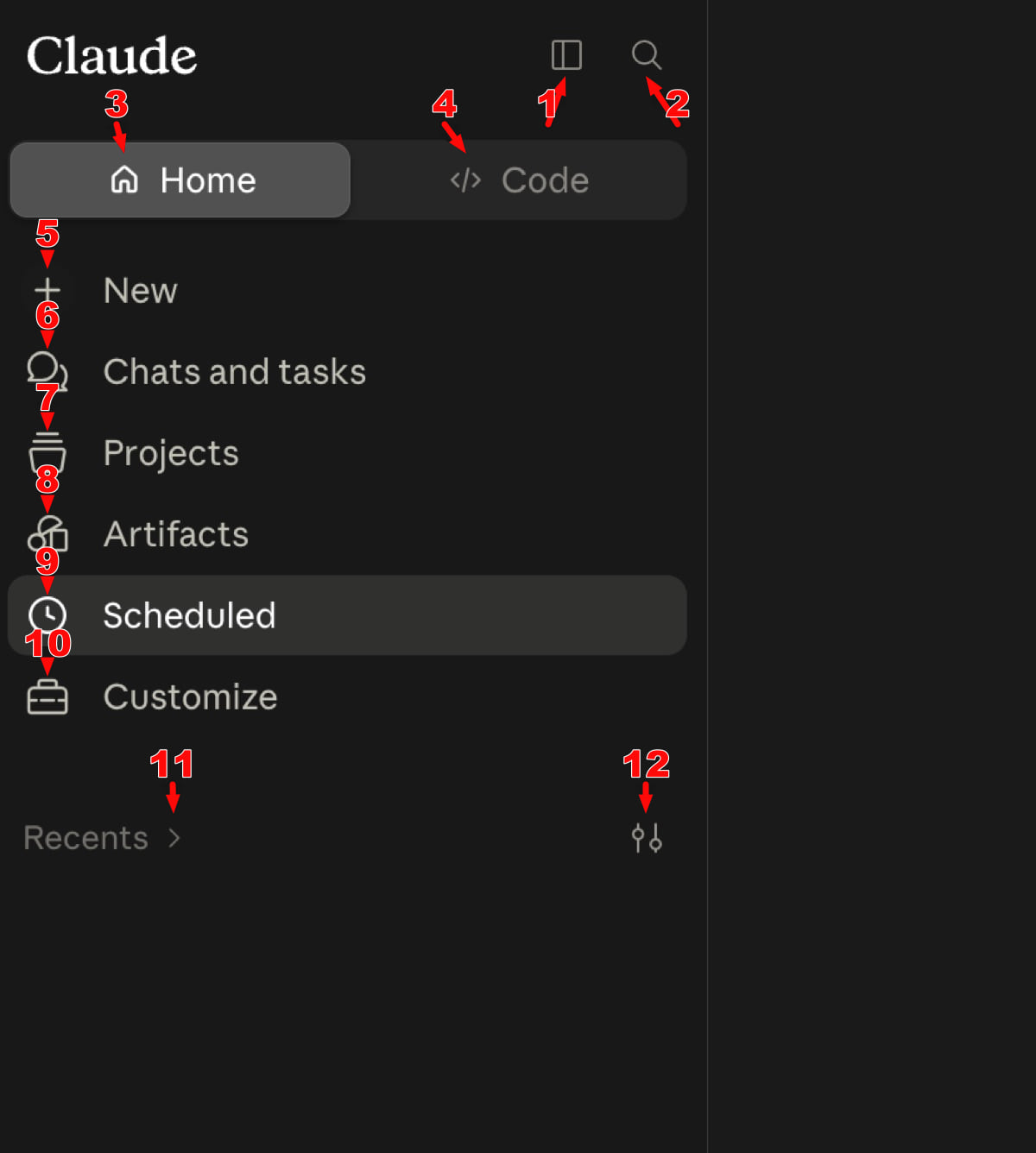 Numbered arrows identifying Claude sidebar navigation icons