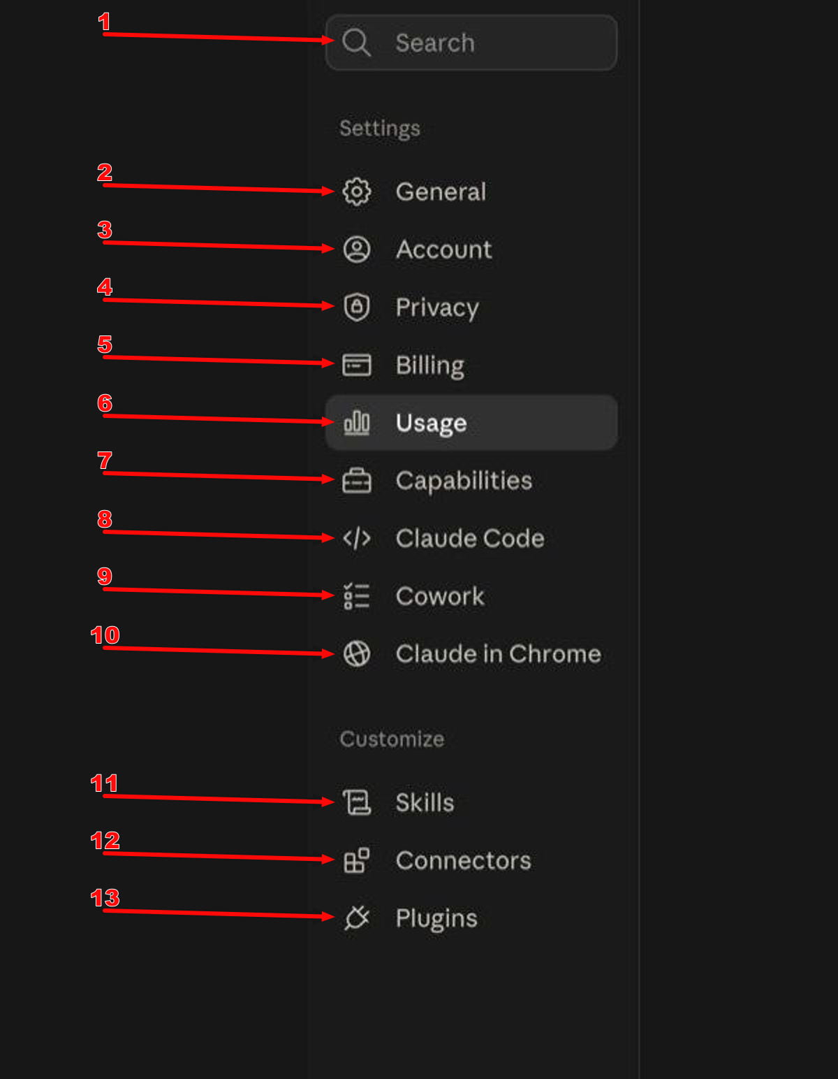 Numbered arrows identifying Claude Settings navigation icons
