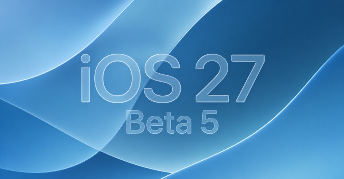 Frosted iOS 27 Beta 5 text on a layered blue Liquid Glass wallpaper