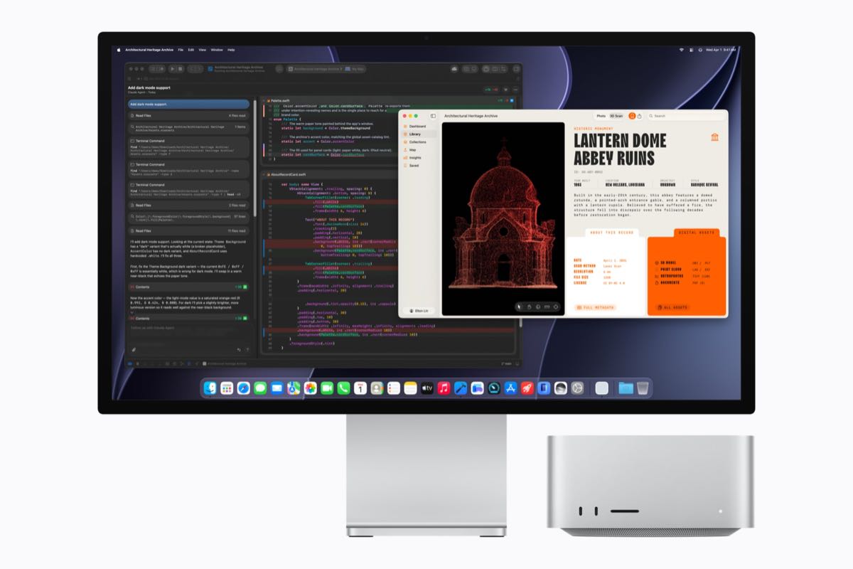 Mac Studio and Mac mini shown with a coding and AI workflow on screen