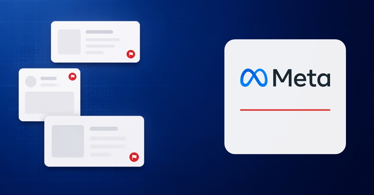Minimal Meta-branded graphic showing flagged ad cards and the Meta logo