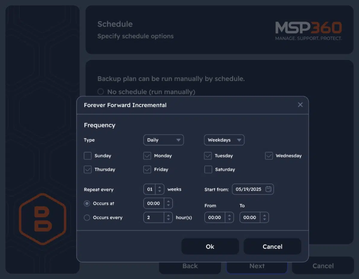MSP360 Backup schedule options for incremental backups