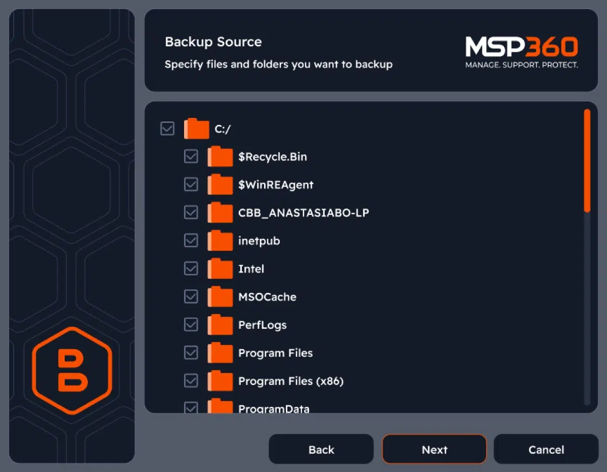 MSP360 Backup wizard for selecting files and folders
