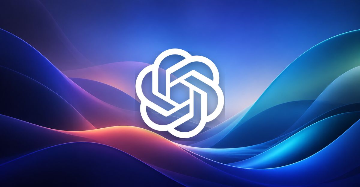 White ChatGPT logo over an abstract blue, purple, and teal desktop wallpaper