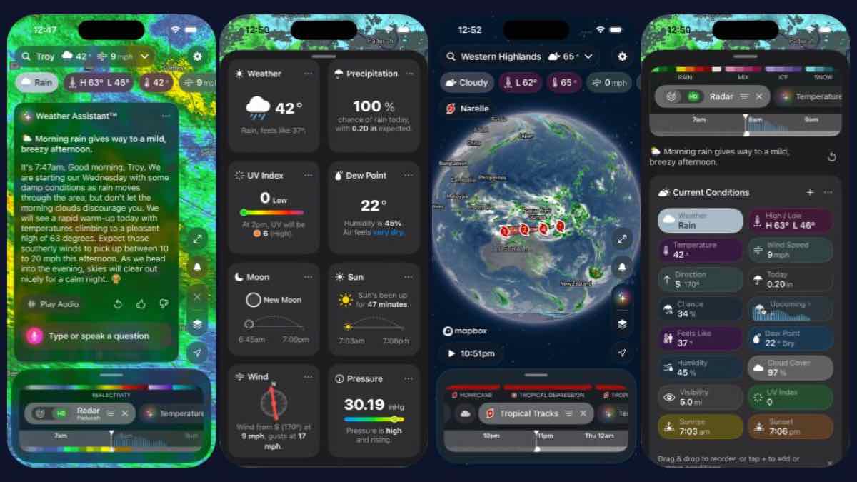 Storm Radar iPhone screens showing radar, forecasts, and weather details