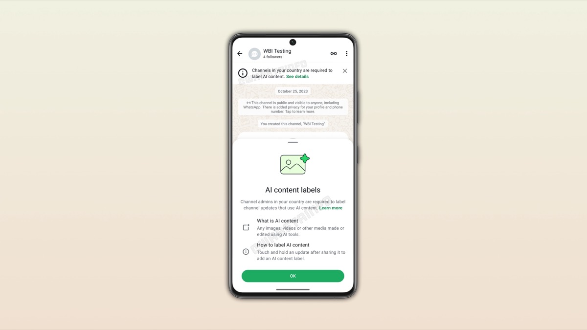 WhatsApp Channel screen showing AI content label instructions for admins