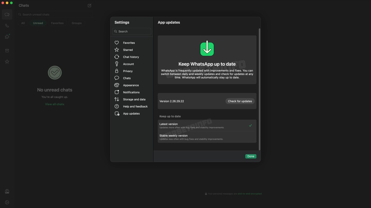 WhatsApp beta for Mac App updates screen with Latest version and Stable weekly version options