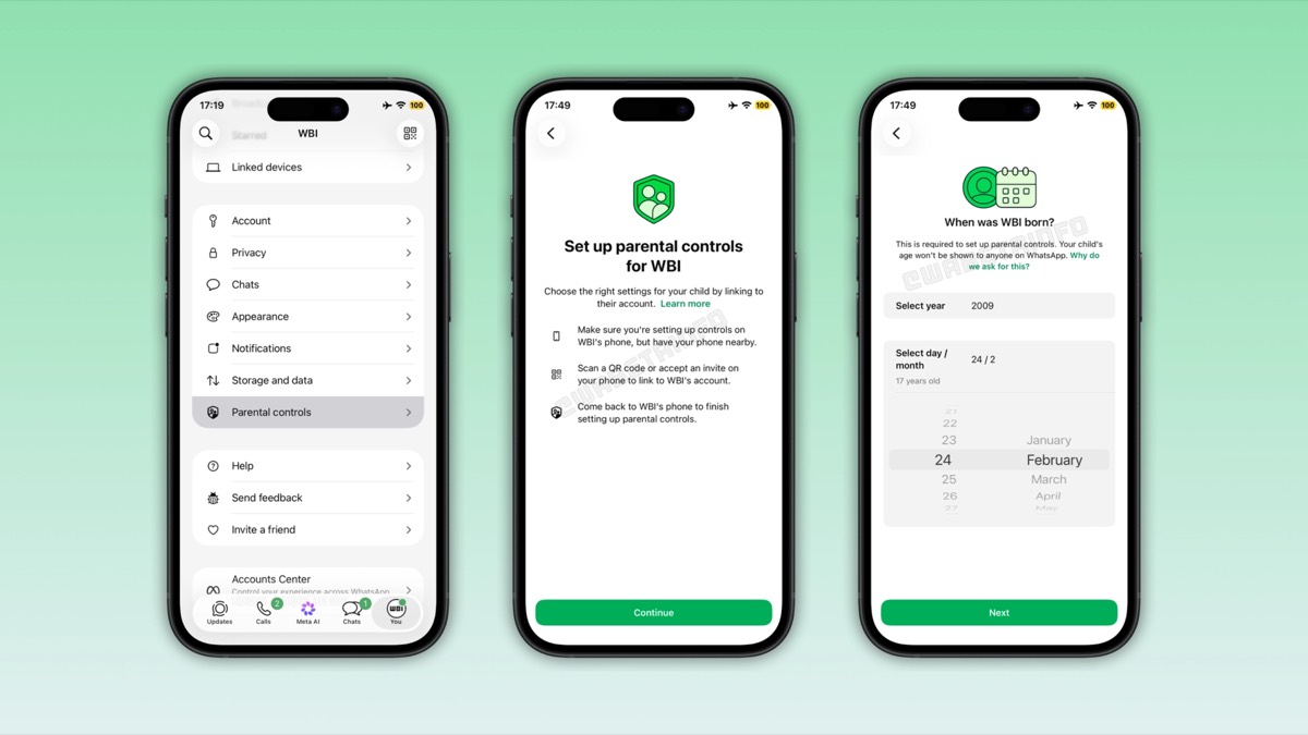 WhatsApp parental controls settings and setup screens on iPhone