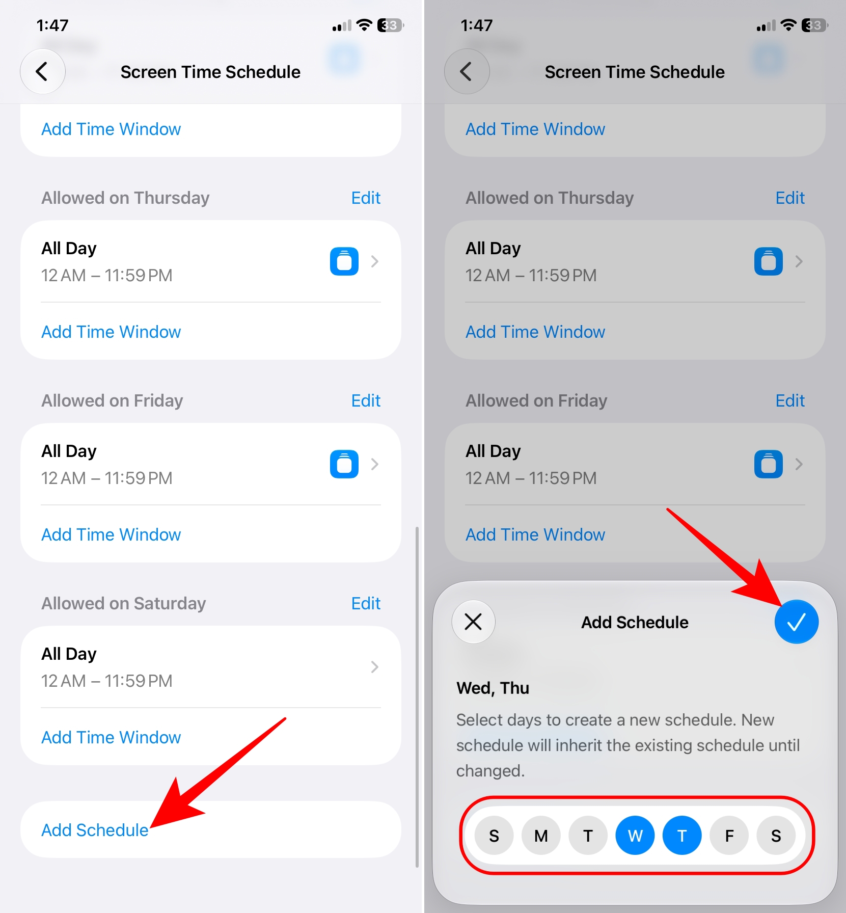 I tried the new Screen Time in iOS 27: Here’s what changed and how to use it – iGeeksBlog Add Schedule screen and selected days and save checkmark.