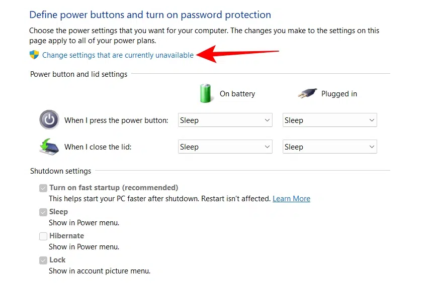 Click Change settings that are currently unavailable