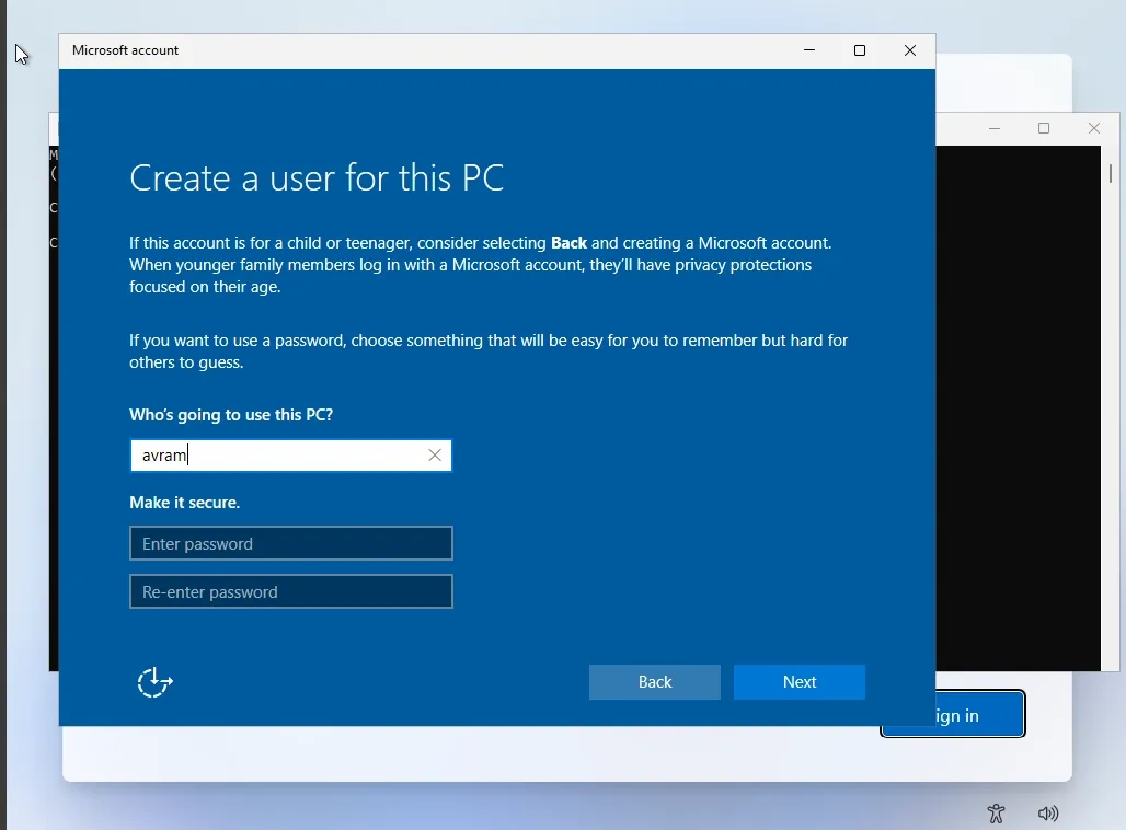 Create local username and password and continue Setup without signing in to Microsoft account
