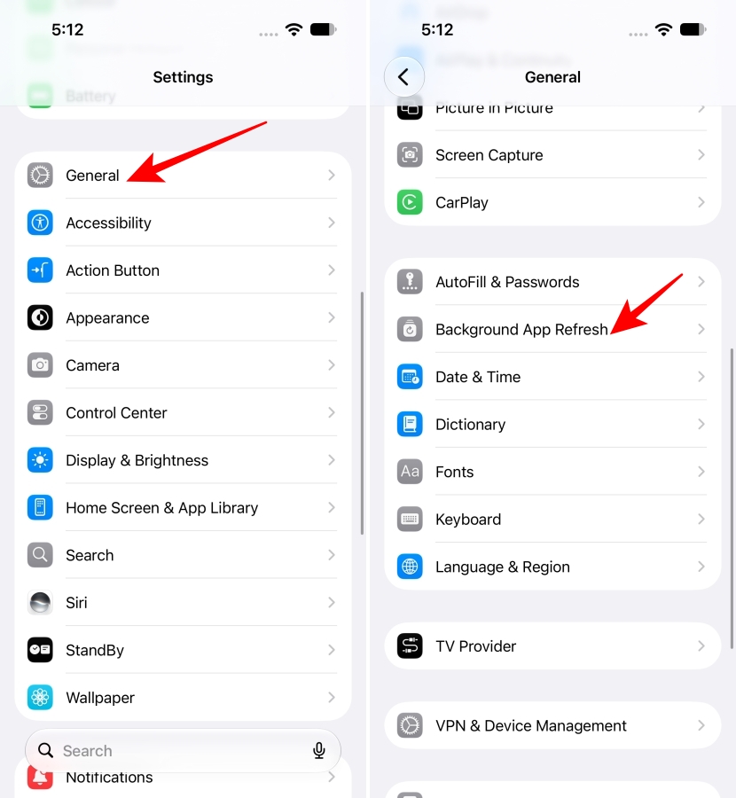General setting Background App Refresh