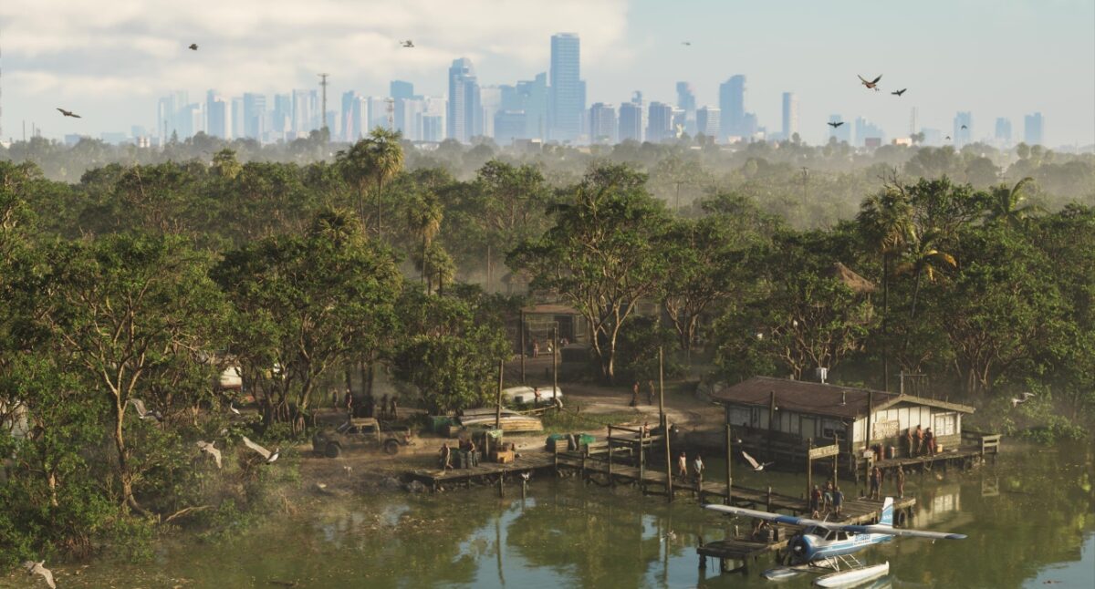 Mangrove shoreline with a wooden dock, small building, and a seaplane on calm water; city skyline visible in the distance.