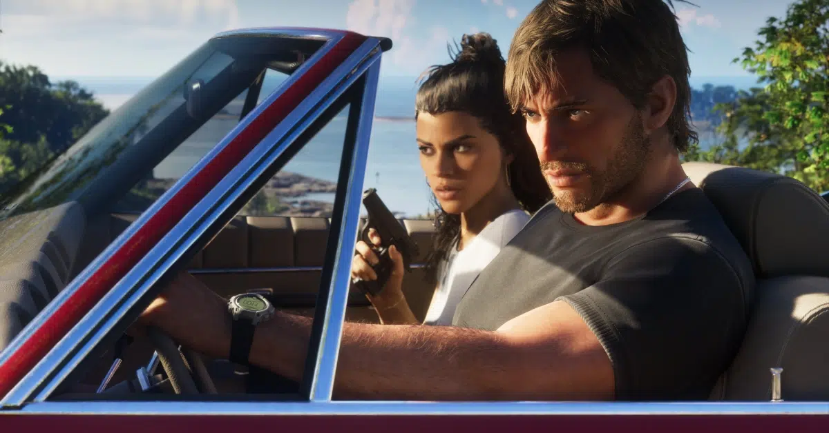 Man driving a red convertible with a woman in the backseat holding a handgun, coastal scenery in the background.