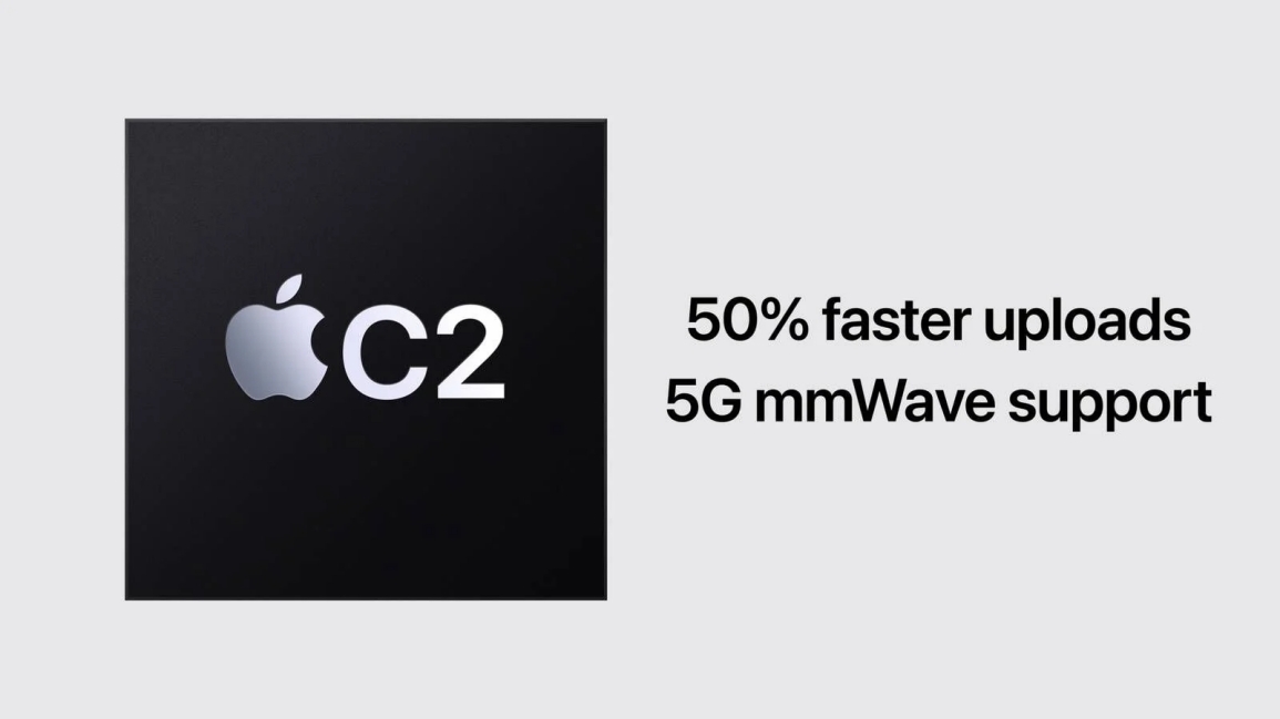 Black Apple C2 chip on the left with the text '50% faster uploads' and '5G mmWave support' on a light gray background to the right.