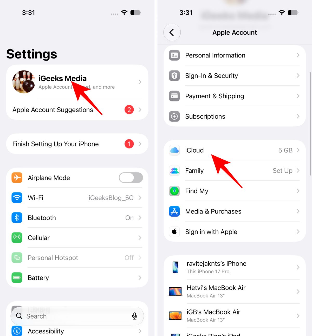 Open Settings then tap on iCloud