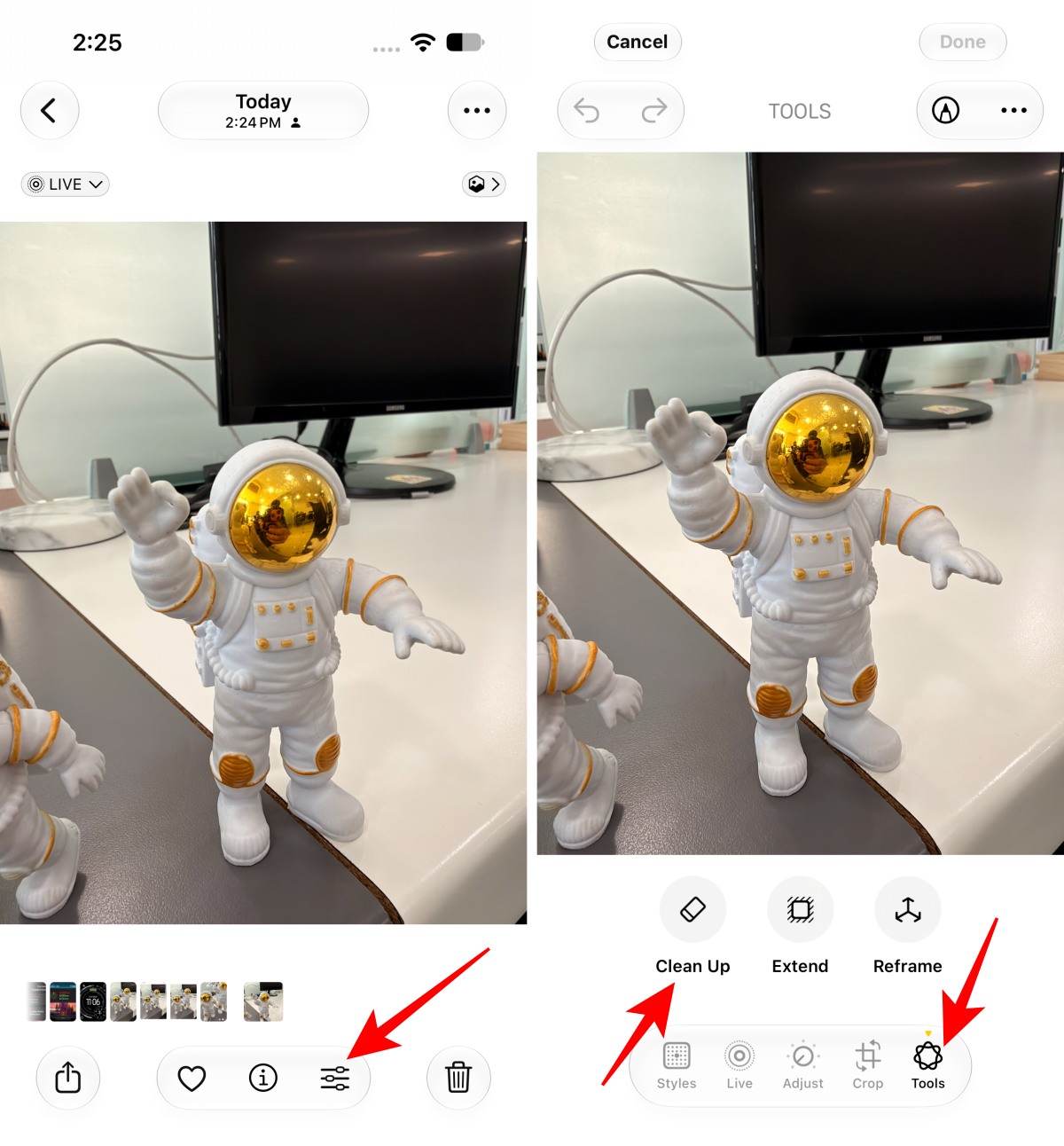 Open the image Tap Tools then select Clean Up