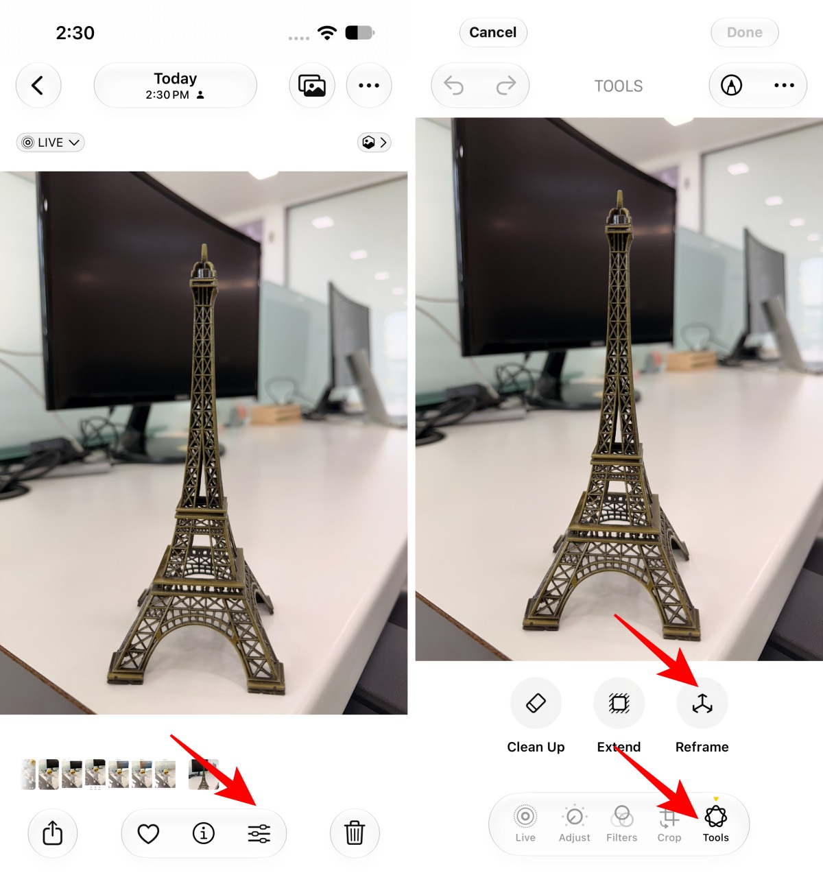 Open the image Tap Tools then select Reframe Up