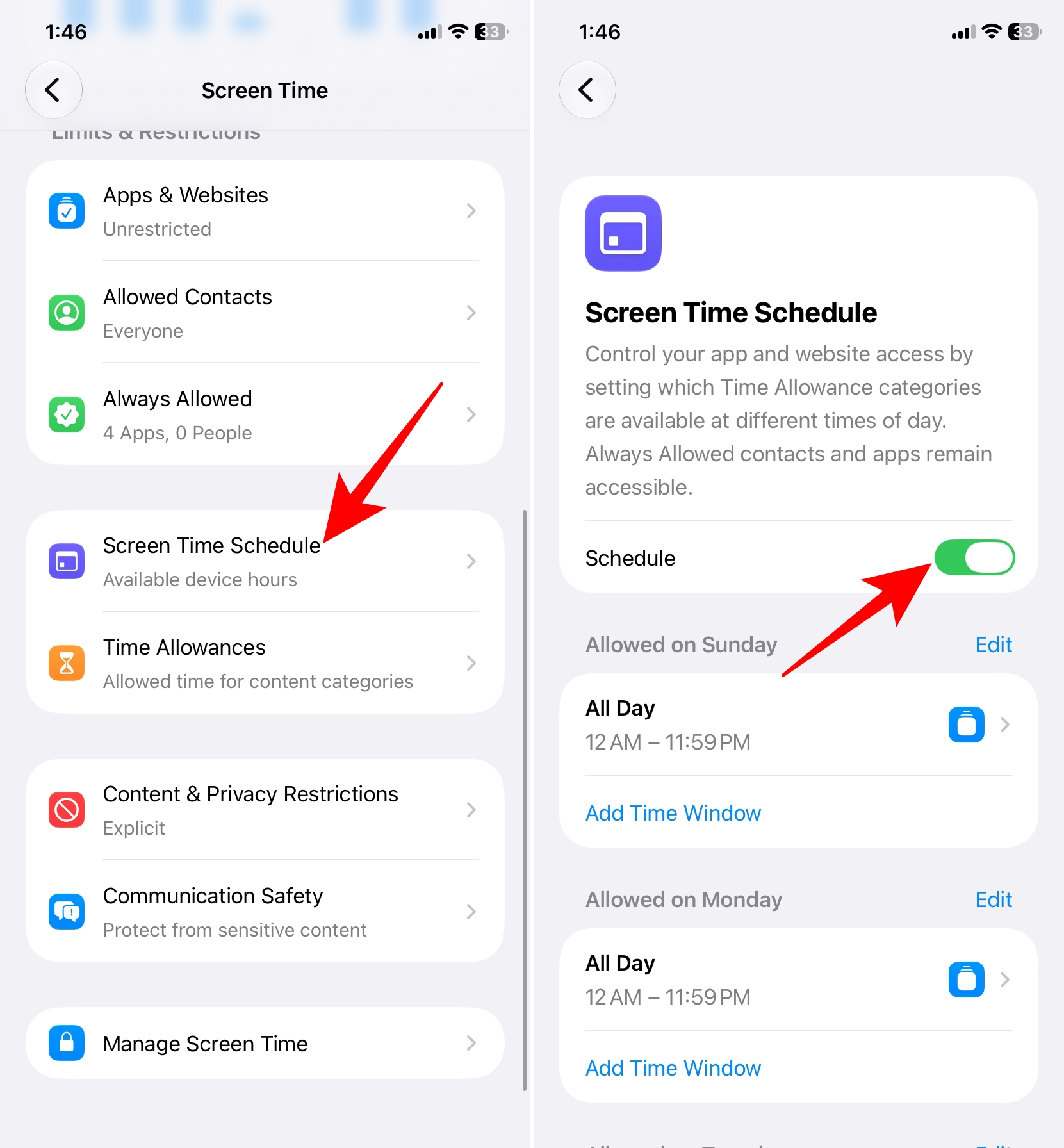 I tried the new Screen Time in iOS 27: Here’s what changed and how to use it – iGeeksBlog Screen Time Schedule setting with Schedule enabled.