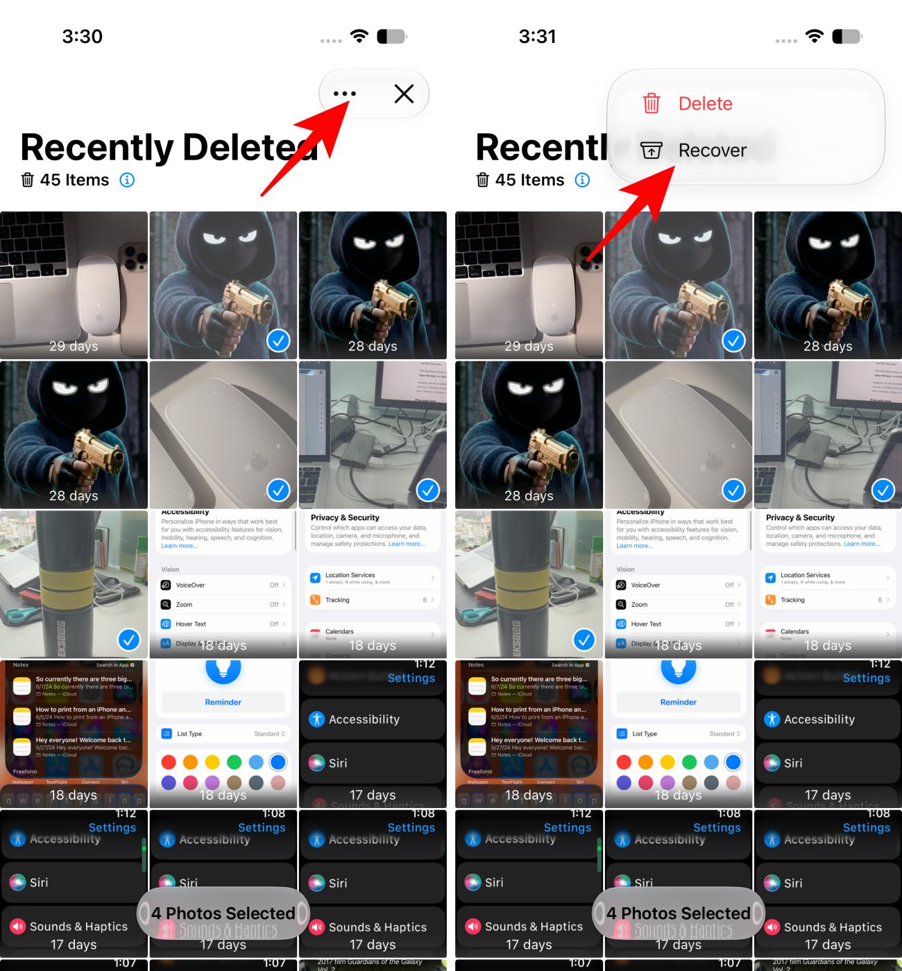 Tap the three-dot icon then Recover