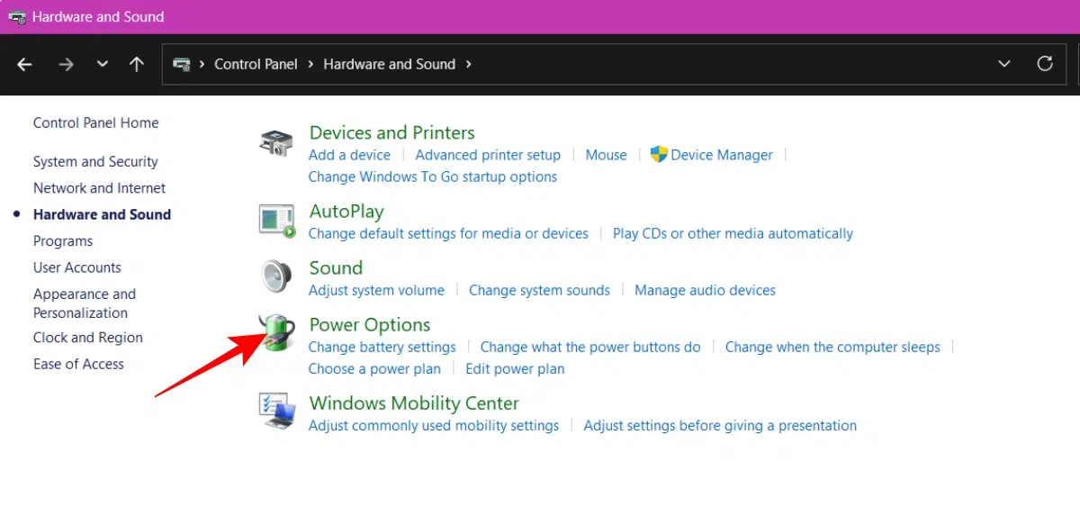 Then click on Power Options