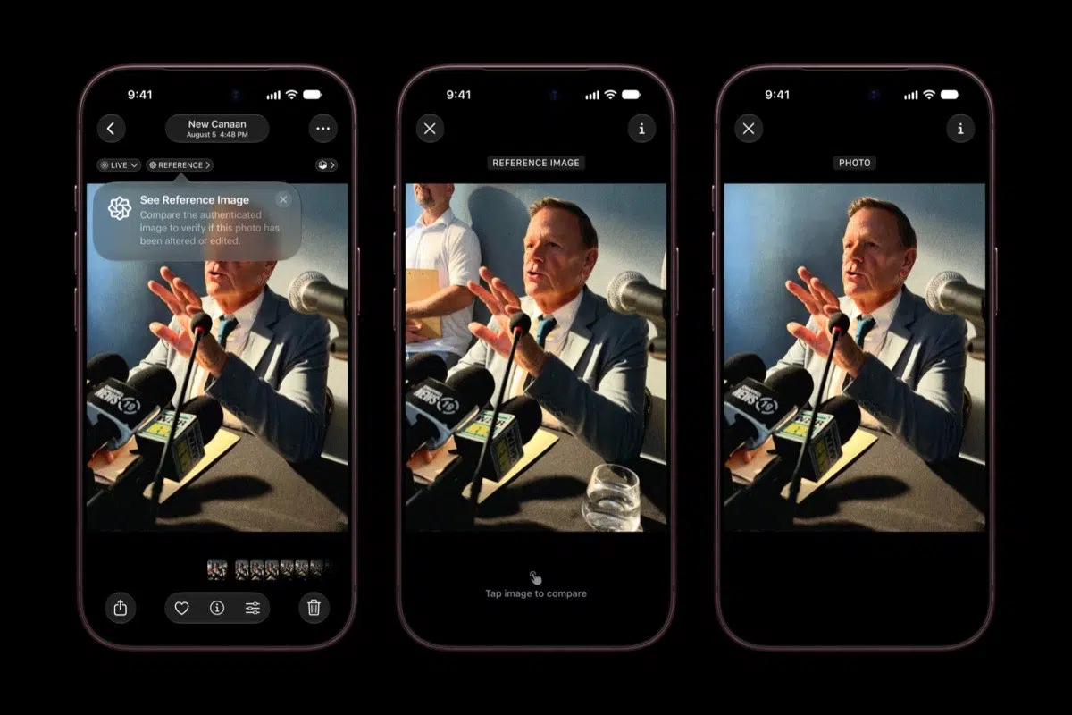 Three iPhones comparing an Apple Reference Image with a photo