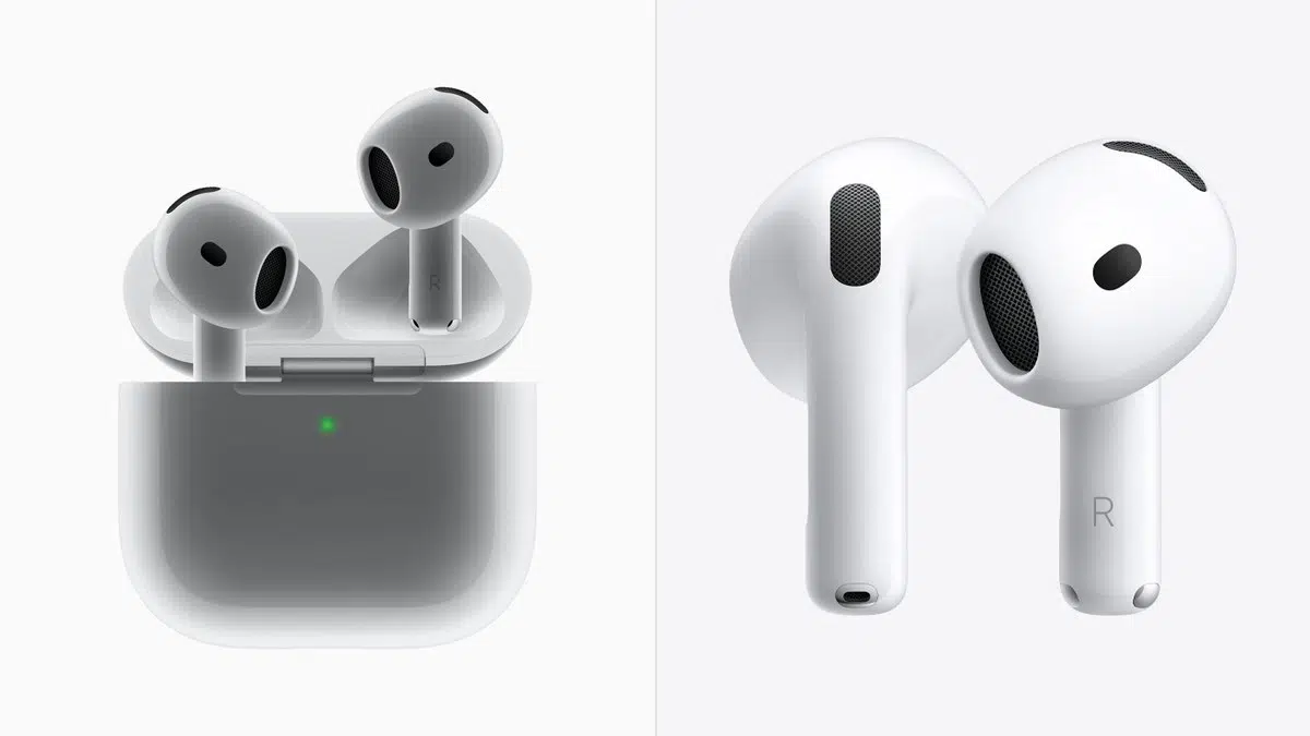 AirPods 4 earbuds on the left and AirPods 5 earbuds on the right in a side-by-side product comparison