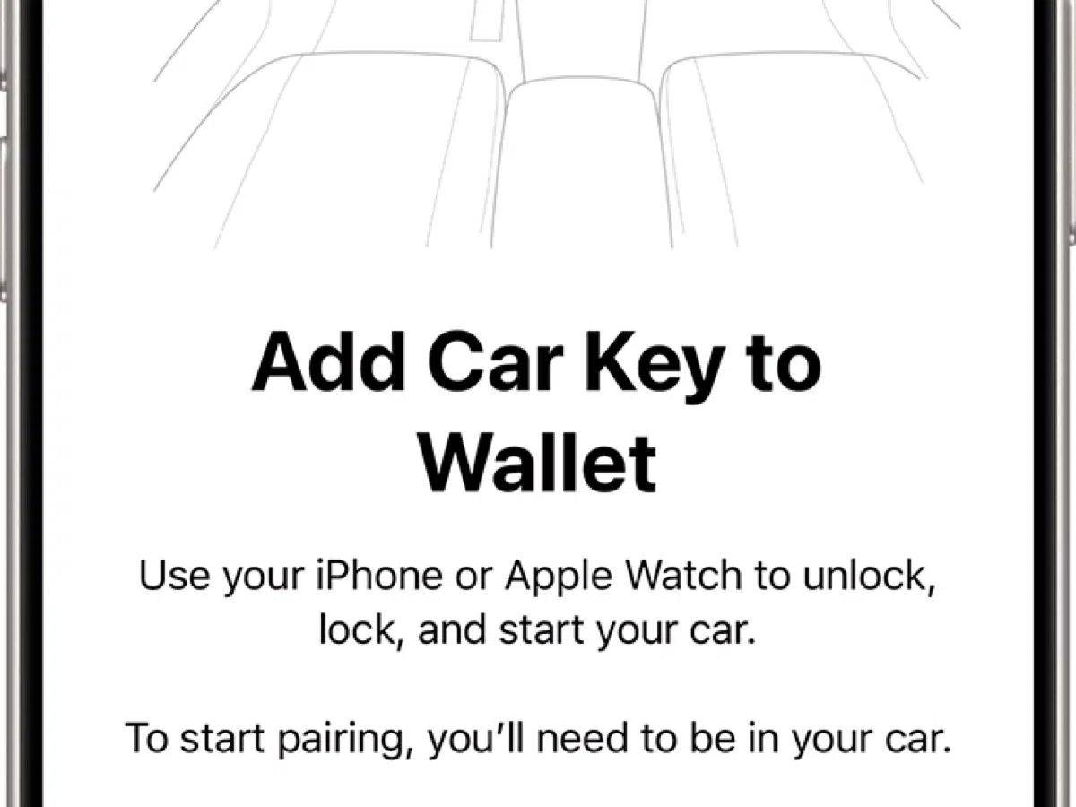Apple Car Key setup screen explaining how to add a car key to Wallet.