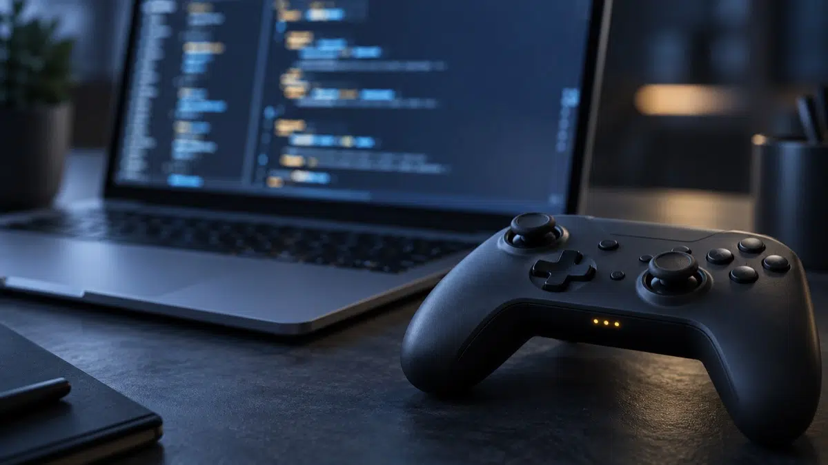 Concept illustration of a generic game controller beside a laptop showing blurred code