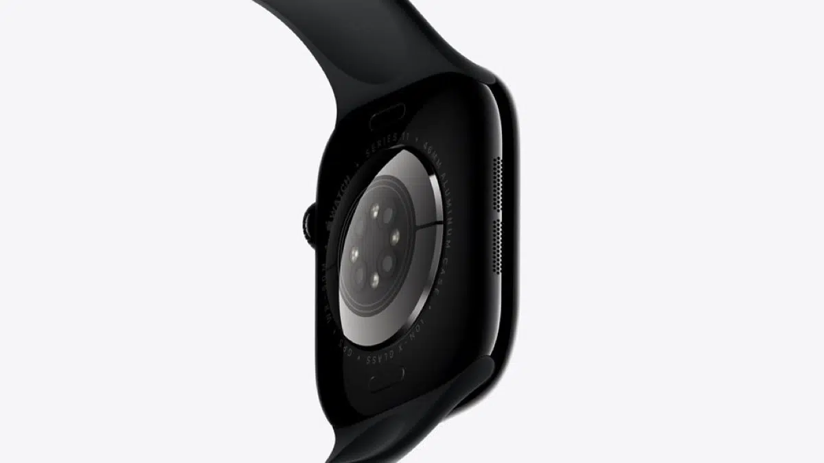 Rear optical sensor array on Apple Watch Series 11, shown as context for the rumored Sunstone4p0 sensing system