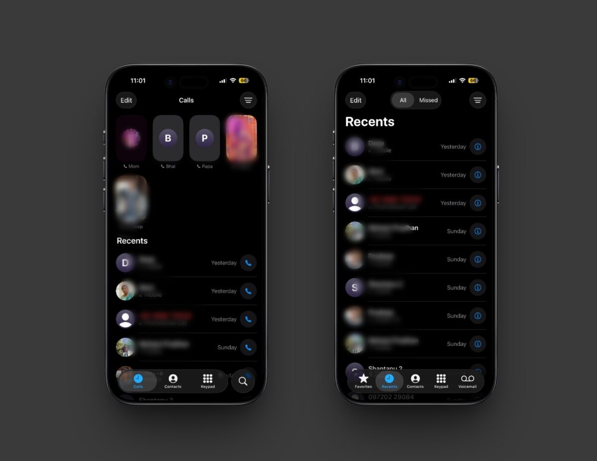 The iPhone Phone app in Classic and Unified layouts.