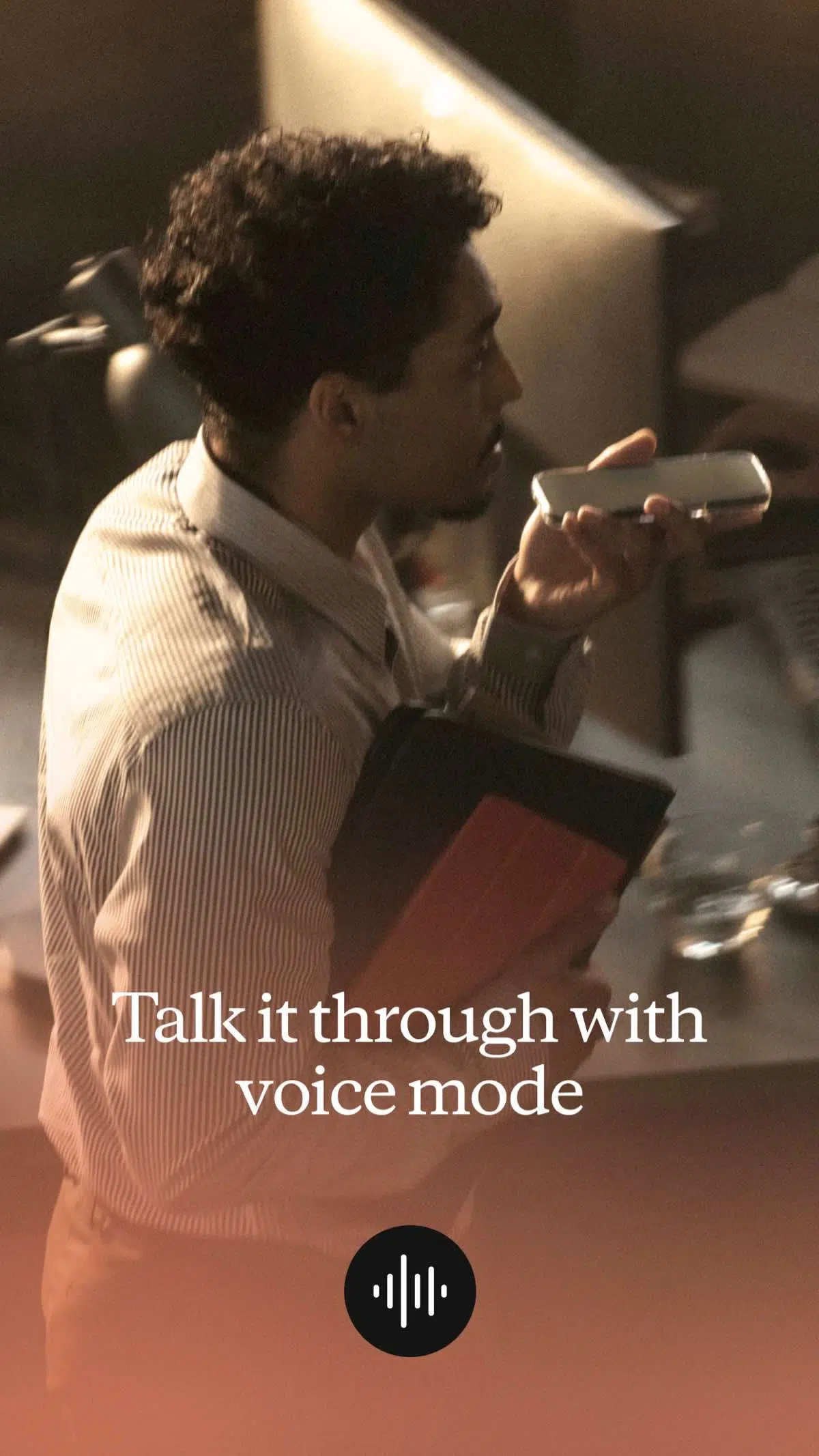 Claude voice mode promotional artwork showing a person speaking into a phone