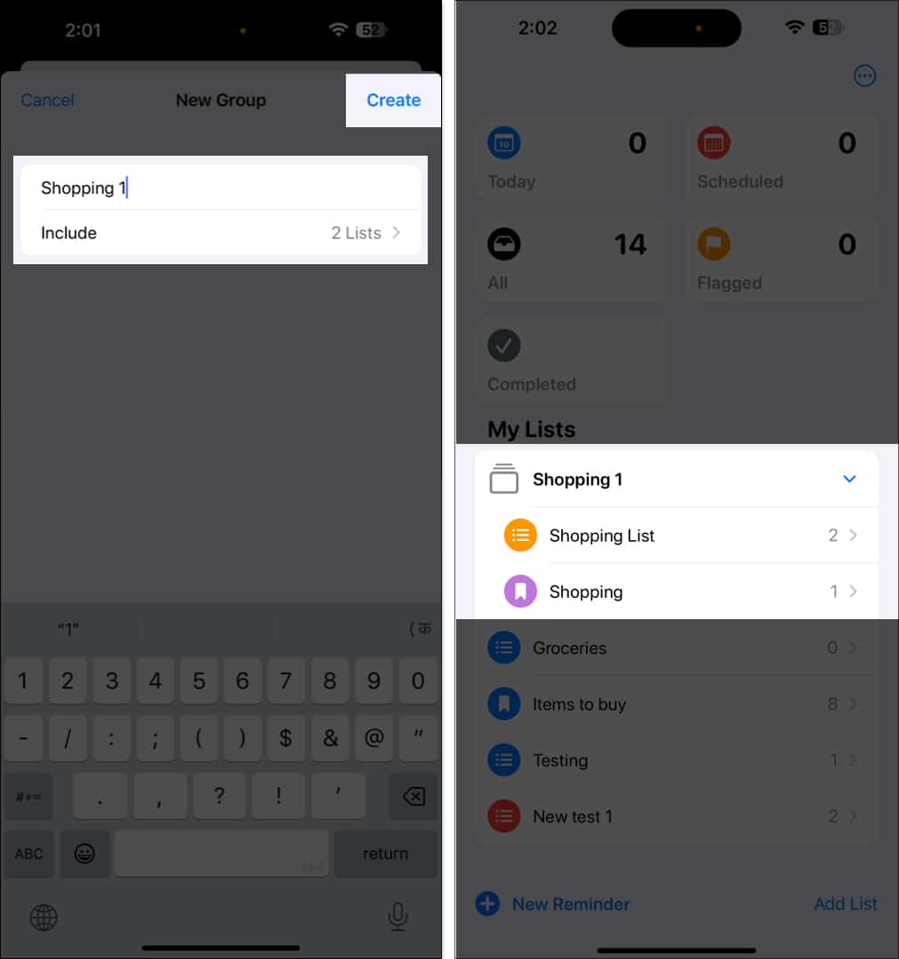 Create a group of reminder lists on iPhone.