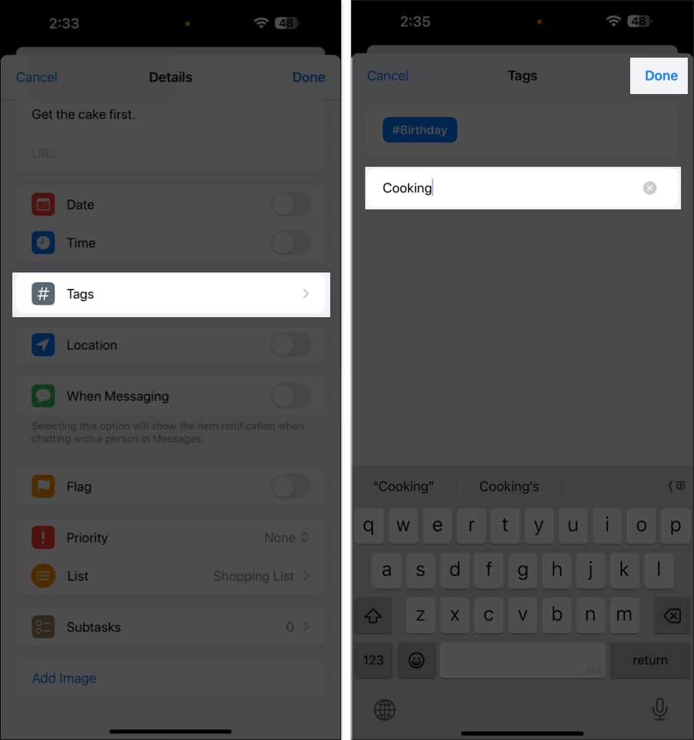 Add a tag to a reminder on iPhone.