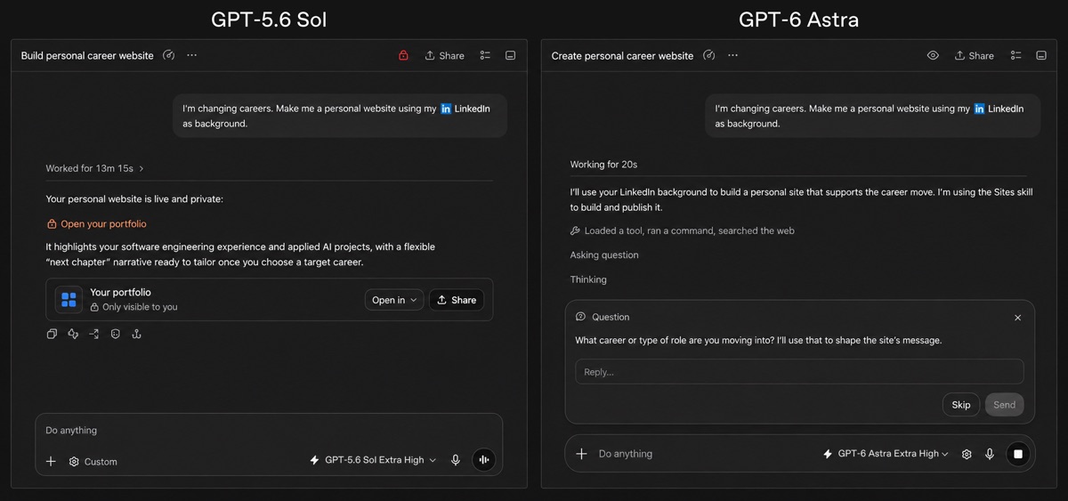 OpenAI comparison showing GPT-5.6 Sol and GPT-6 Astra creating a personal career website