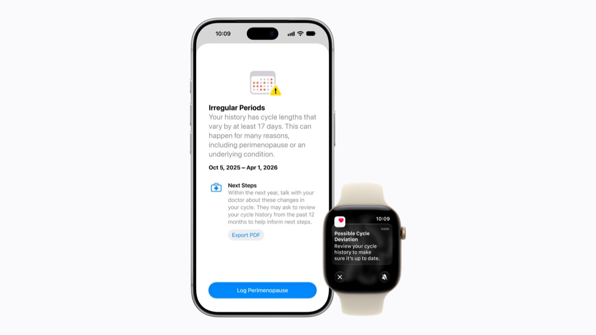 Apple's Health app showing an irregular-periods notification on iPhone and Apple Watch