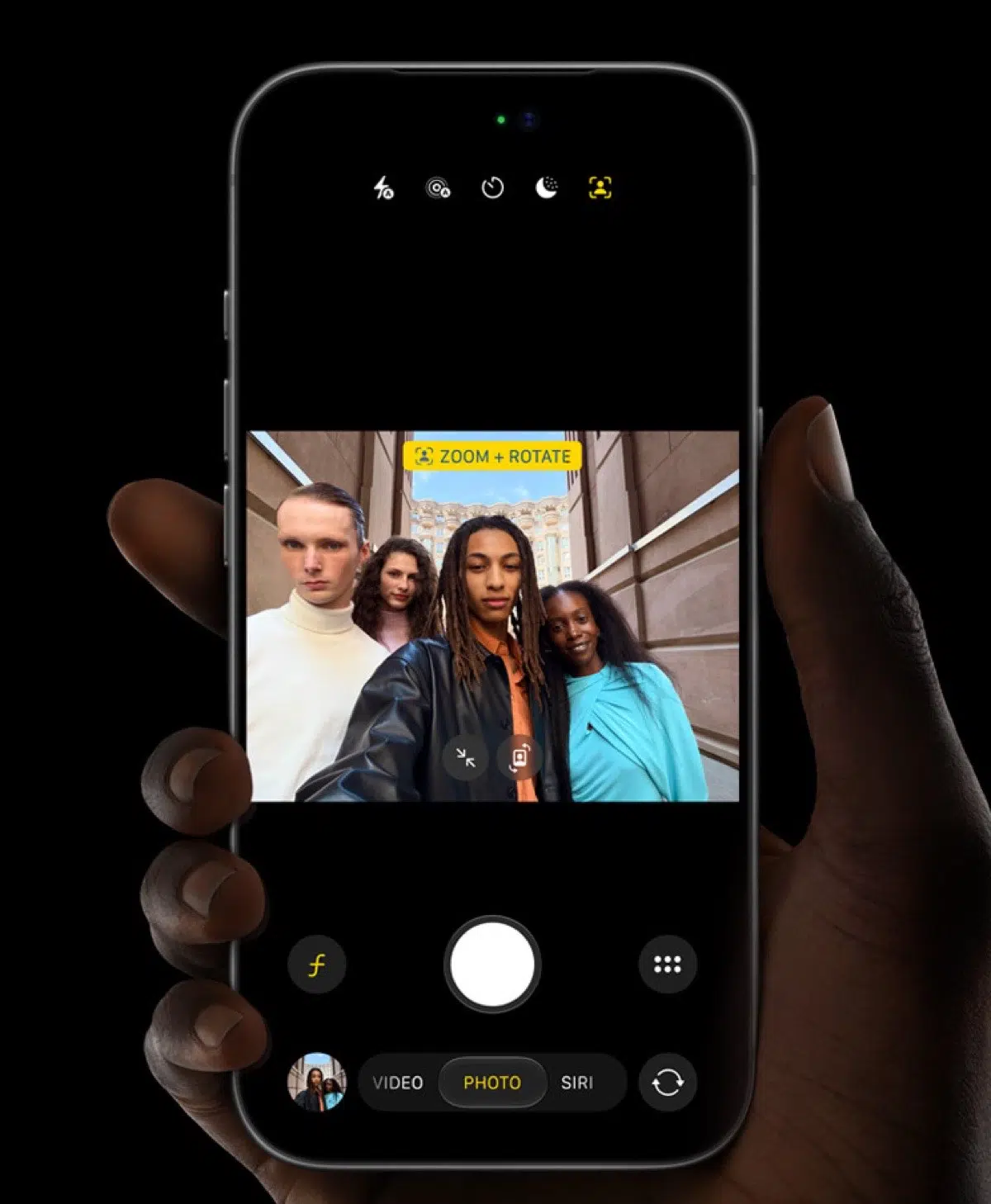 iPhone 18 Pro Center Stage camera view showing a group selfie