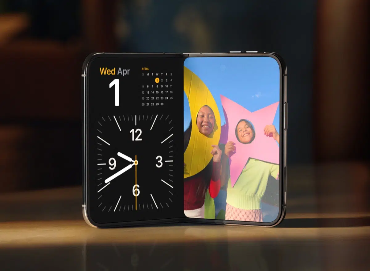 iPhone Duo standing with a clock and photo displayed side by side