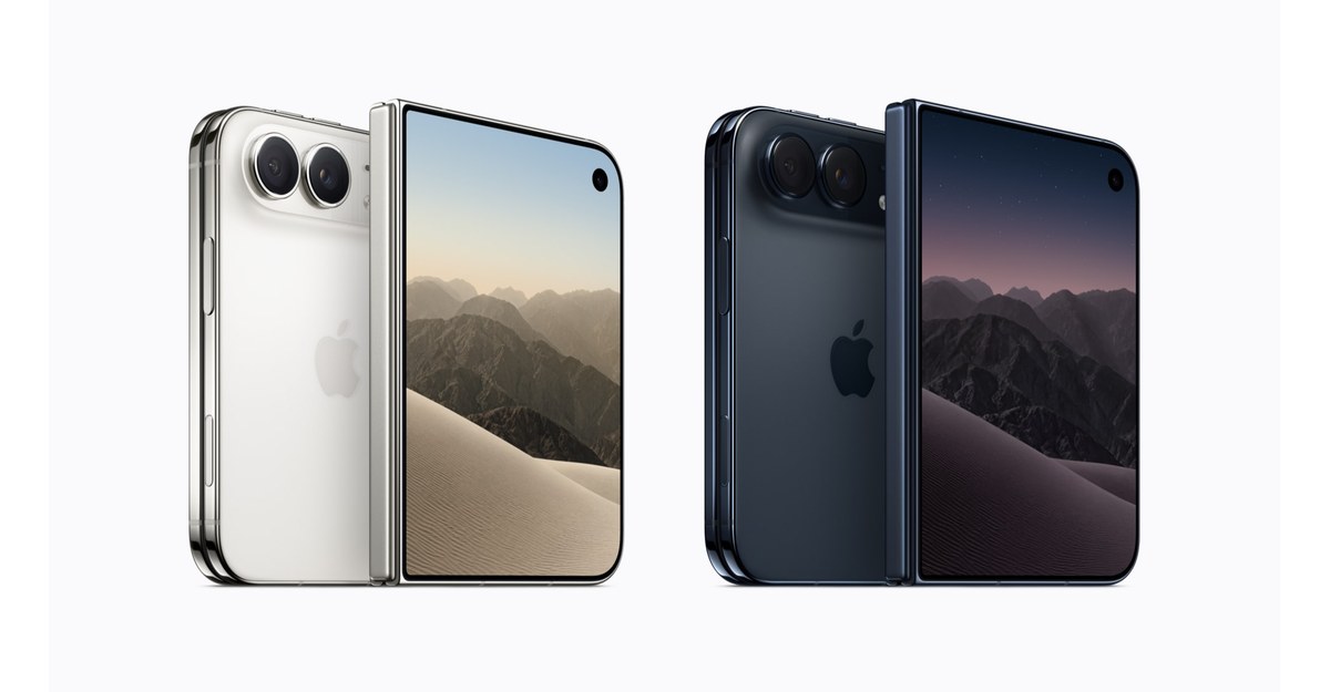 Two iPhone smartphones shown side by side: a silver model on the left with dual cameras and a desert wallpaper on the display, and a dark blue model on the right with the same dual-camera setup.