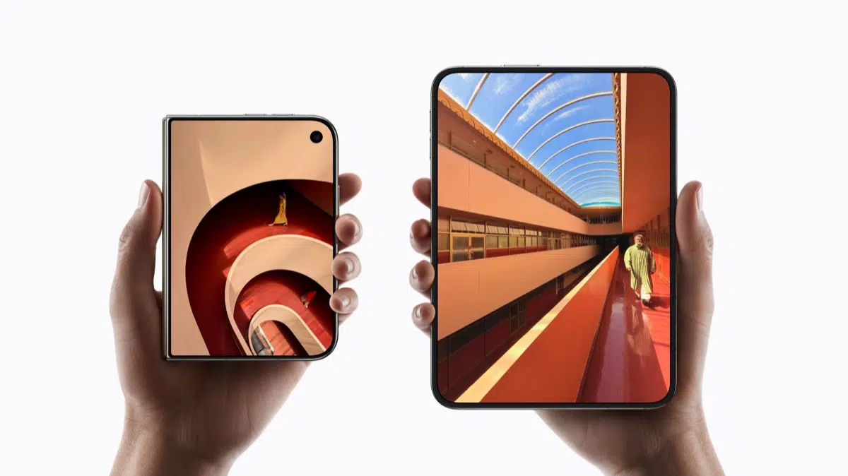 Folded and open iPhone Duo showing its two display sizes