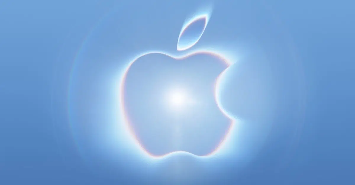 Glowing Apple logo centered on a blue gradient background.