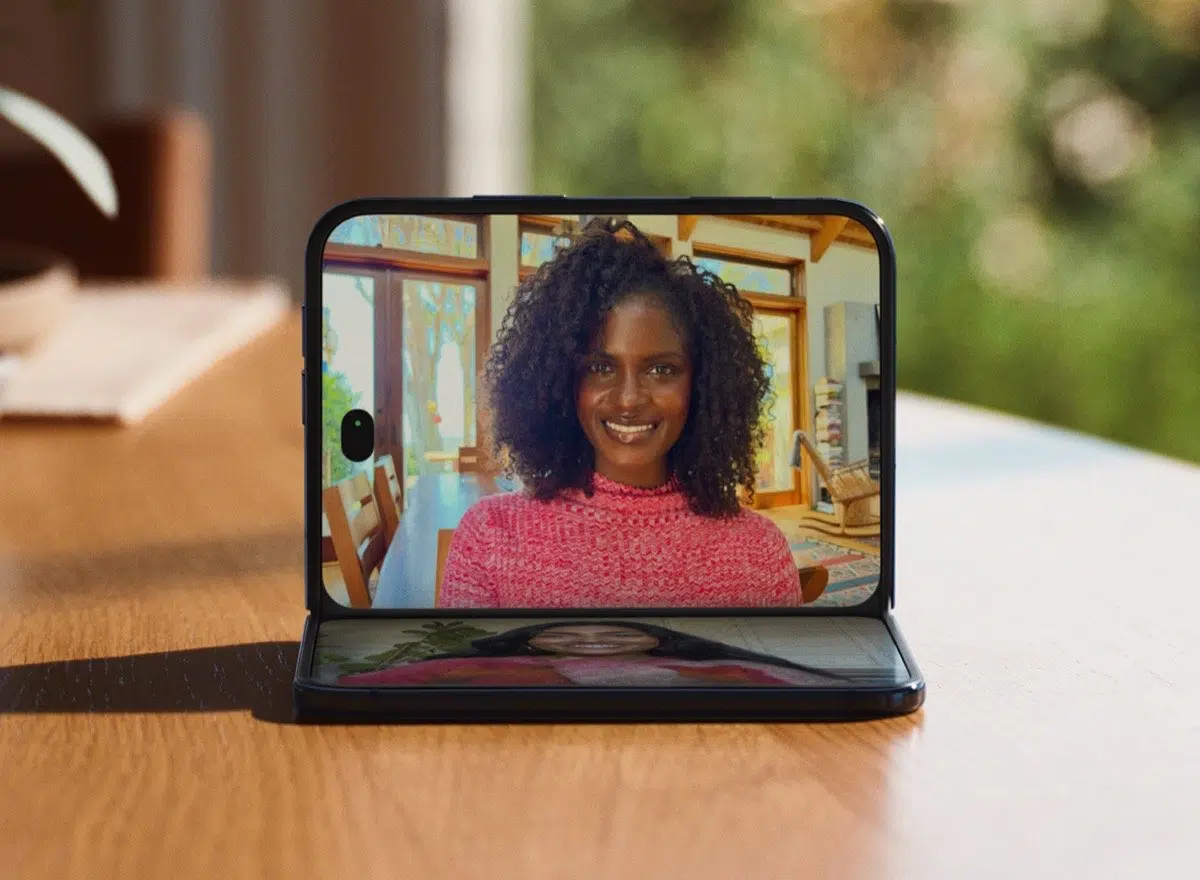 iPhone Duo standing open for a hands-free FaceTime call