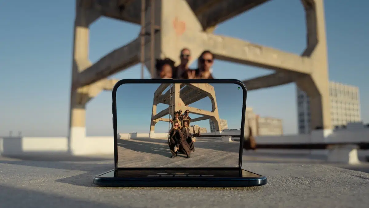 iPhone Duo camera preview showing people framed with Smart Take