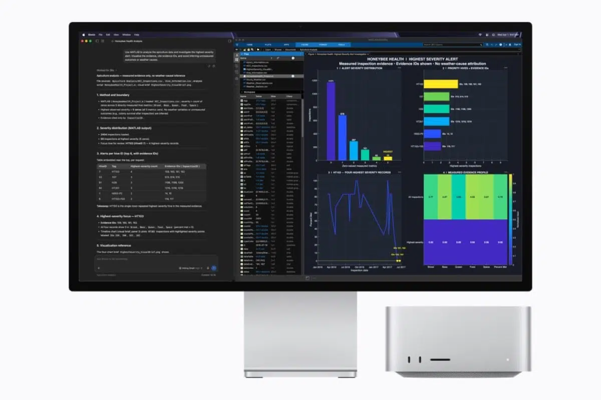 Apple Mac Studio beside a display with AI and data workflows.