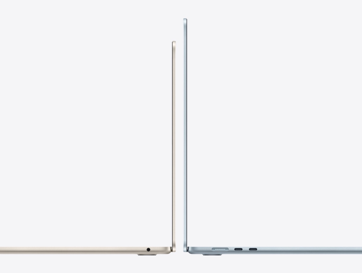 Two Apple MacBook Air laptops shown edge-on to illustrate the current size and thinness range