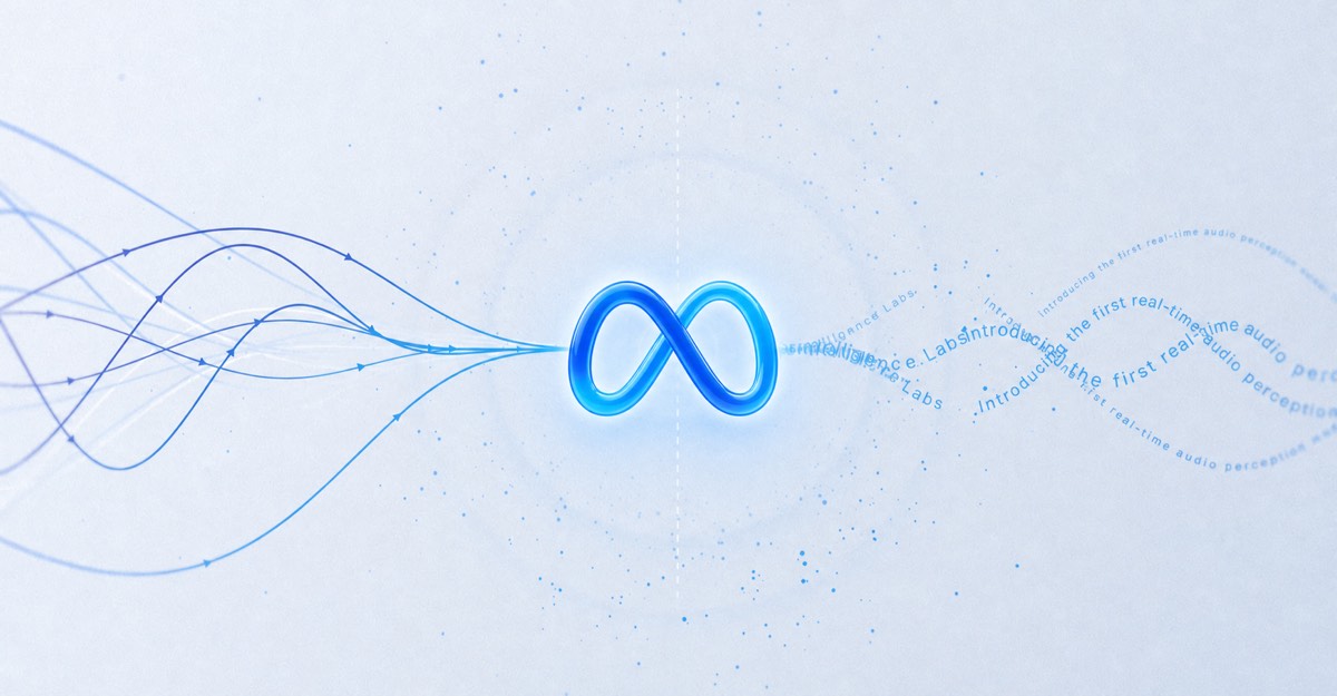 Meta infinity-loop logo centered over Muse Voice Transcribe audio waves