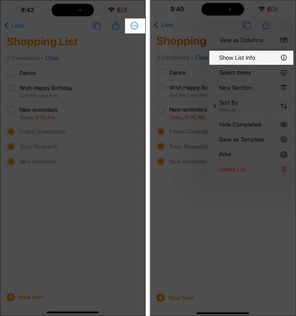 Editing a list in Reminders.