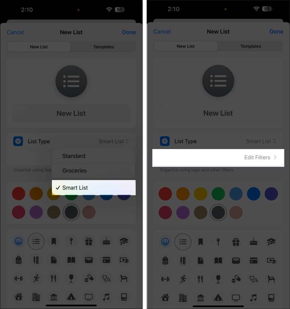 Creating a custom Smart List in Reminders.